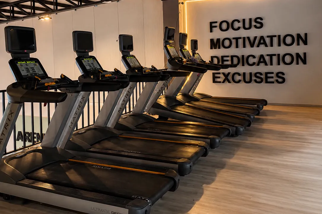 Koşu bandı sırası ve duvarda FOCUS MOTIVATION DEDICATION EXCUSES yazısı
